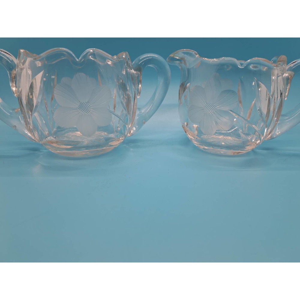Vintage Lead Crystal Sugar Bowl and Creamer With Frosted Carved Floral Design